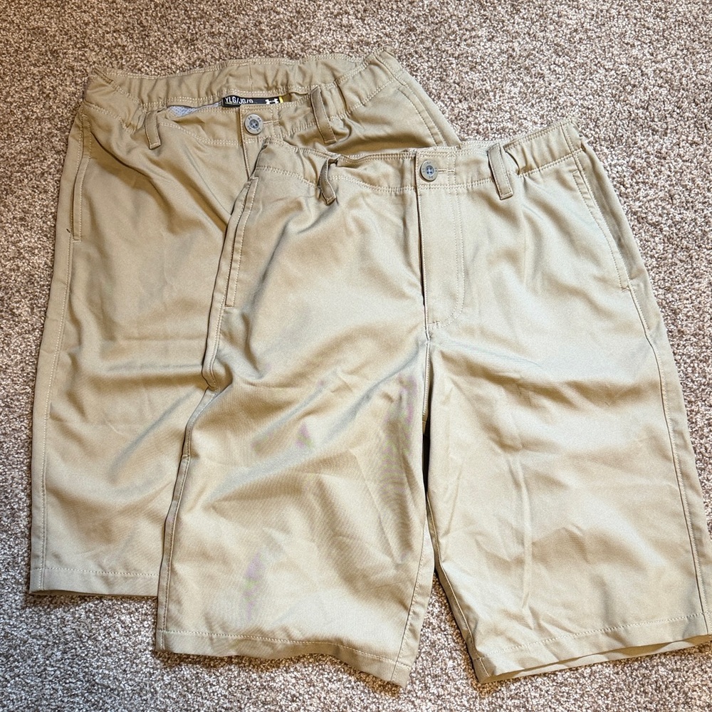 2 pair-Under Armour Youth-Large loose fit, light weight Khaki Performance Shorts